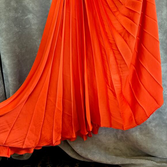 House of Harlow Dress Women L Orange Satin Pleated Wedding Guest Grecian Formal - Picture 8 of 16
